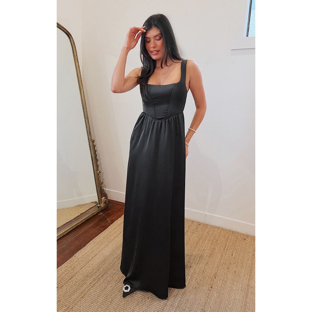 Show Me Your Mumu Nina Maxi Dress in Black Luxe Satin XXL